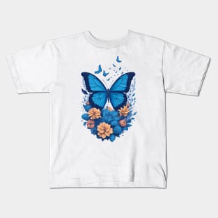 Blue Butterfly with Flowers Kids T-Shirt